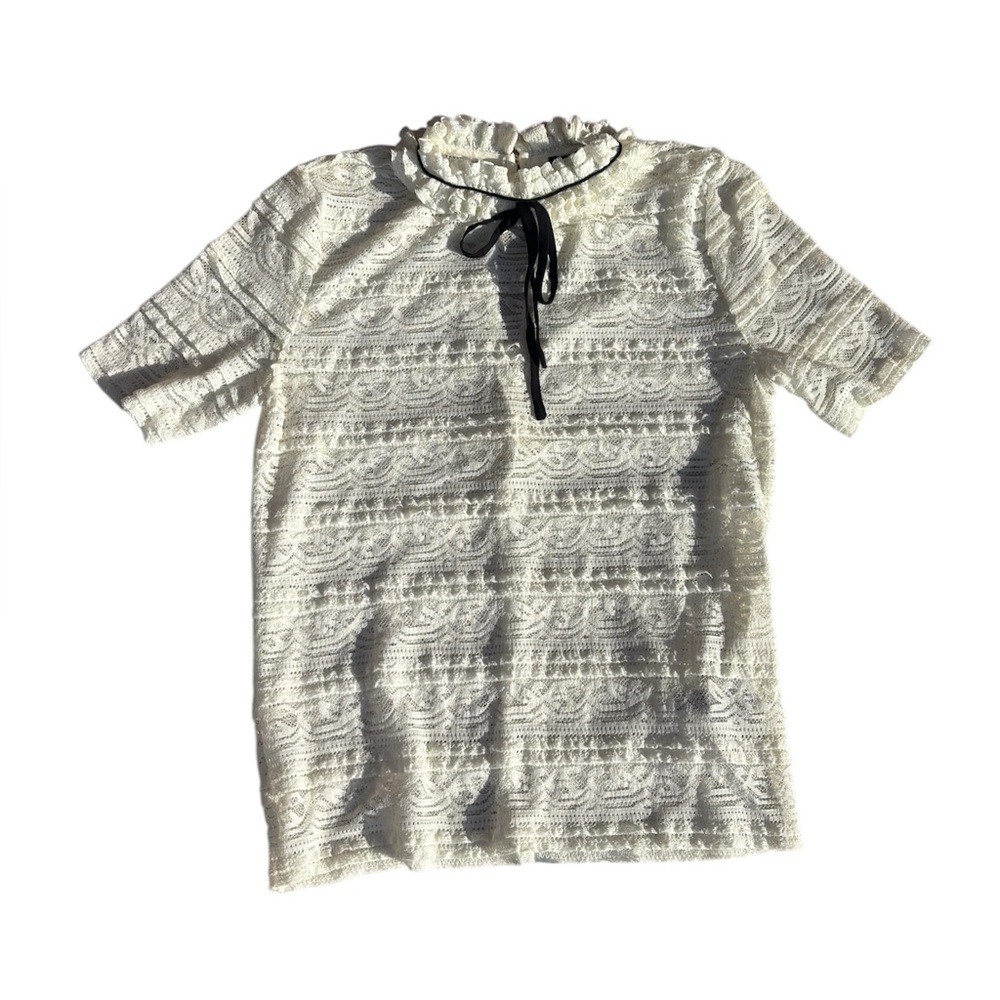 Lace Ruffle Neck Top with Black Tie